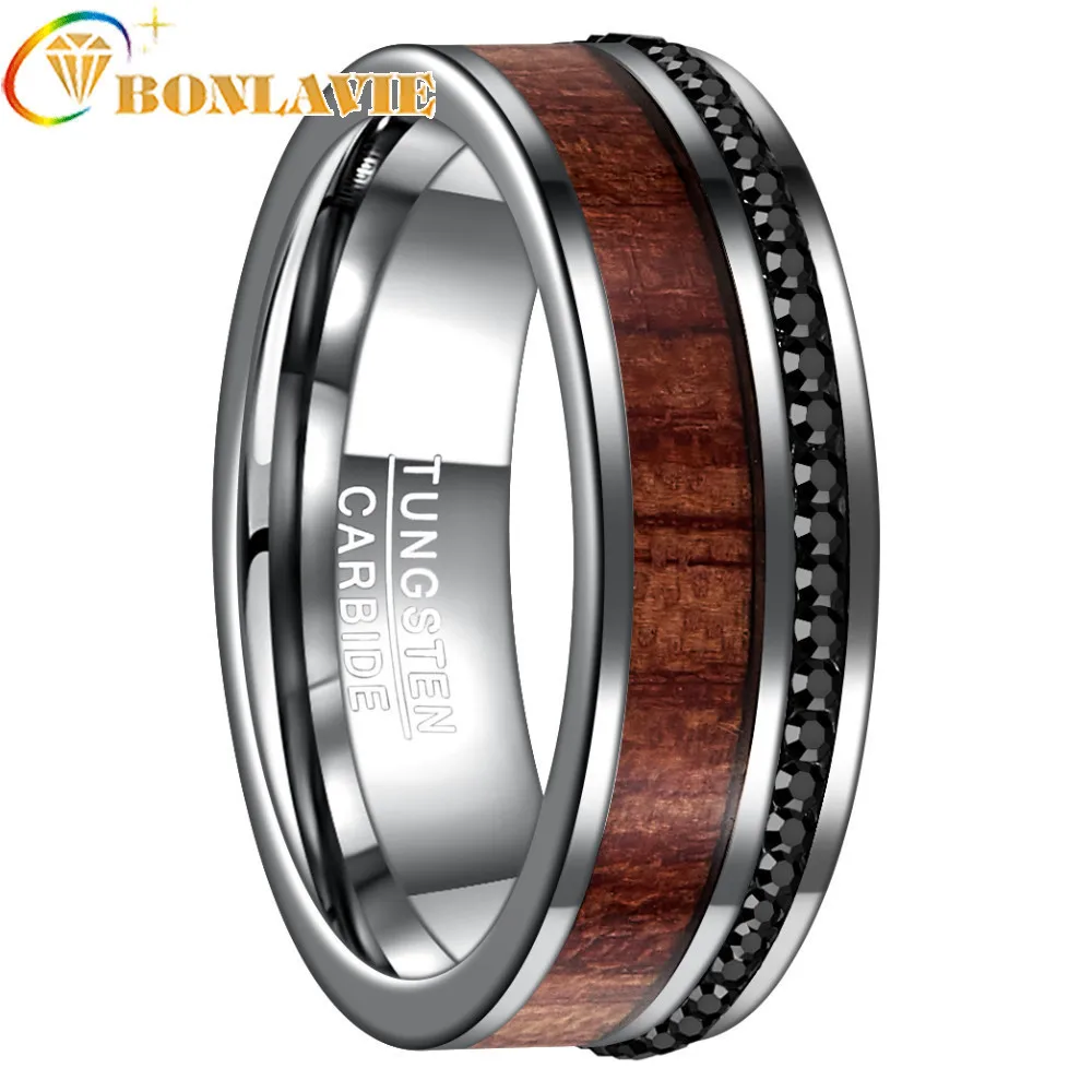 

New Arrival 8MM Wide Steel Color Polished Plane Bevel Inlaid Wood Grain Black Crystal Tungsten Steel Ring Men's Fine Jewelry