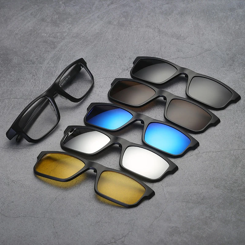 

5 in 1 Clip On Sunglasses with Polarized Mirror Flat Night Vision Magnetic Lens Clips Optical Myopia Glasses Prescription Lens