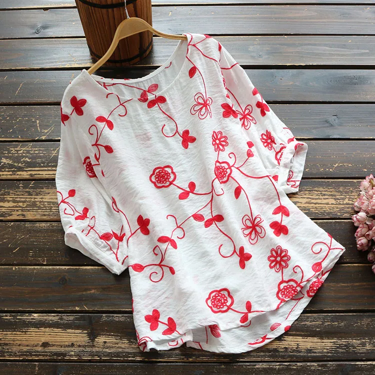 

Women Shirt O Neck Flower Embroidery Pullovers 2019 Summer Spring Short Sleeve Thin Loose Tops For Women YoYiKamomo
