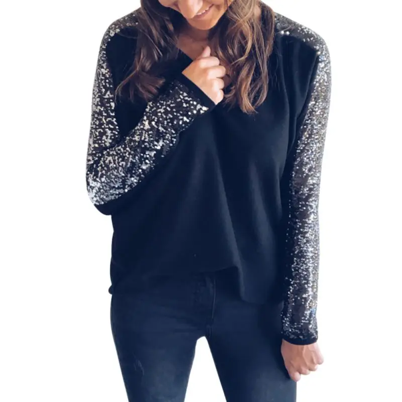 

2018 Women Autumn Casual Long Sleeve V-neck T-Shirt Female Tops Fashion Solid Color Loose Shining Sequins Shirts 1X