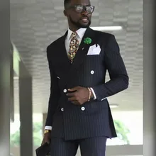 Выпускной свадебный двубортный темно-синий в полоску Свадебный костюм жениха формальная свадебная одежда(куртка+ брюки