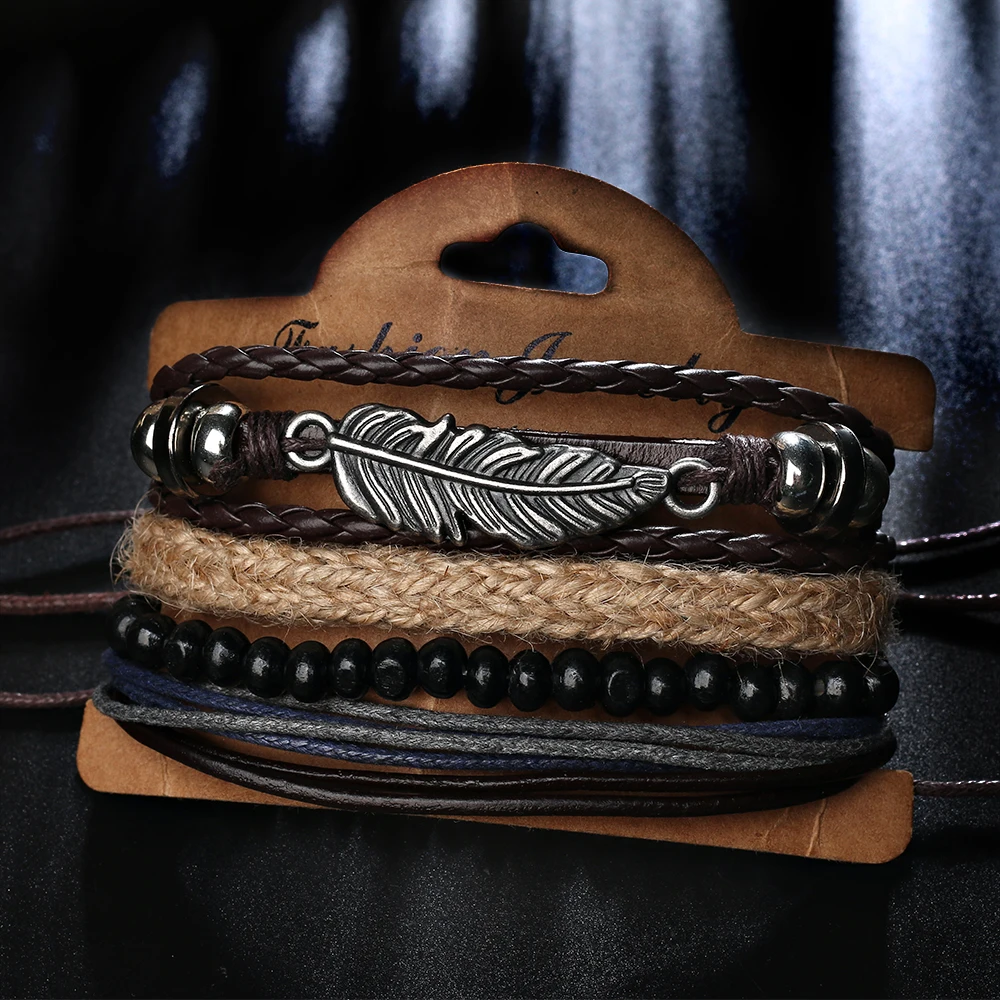 

2021 Fashion Jewelry Vintage Handwork Weave Multi-layer Leather Bracelet Charm Jewelry Leaves Beads Cuff Bracelets for Women