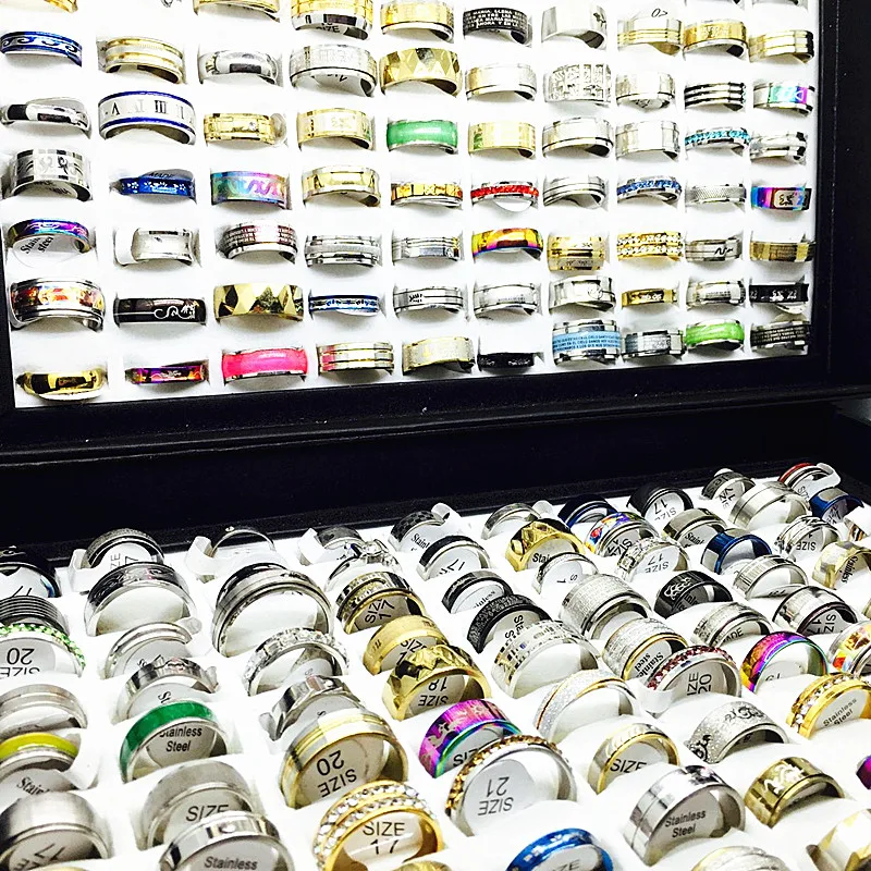 2018 wholesale lots bulk 100pcs ring set men women unisex stainless steel gold silver black mixed styles fashion rings jewelry