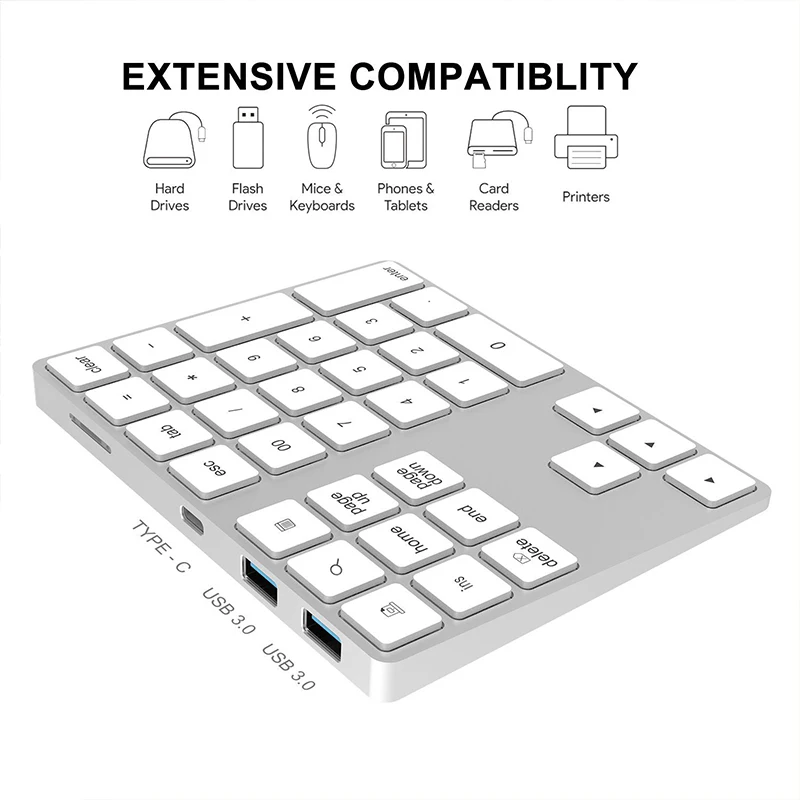 2 в 1 USB C 3,1 концентратор беспроводной цифровой клавиатуры Bluetooth 34 клавиши Numpad Тип C клавиатура Беспроводная для Android телефон для Apple Acount