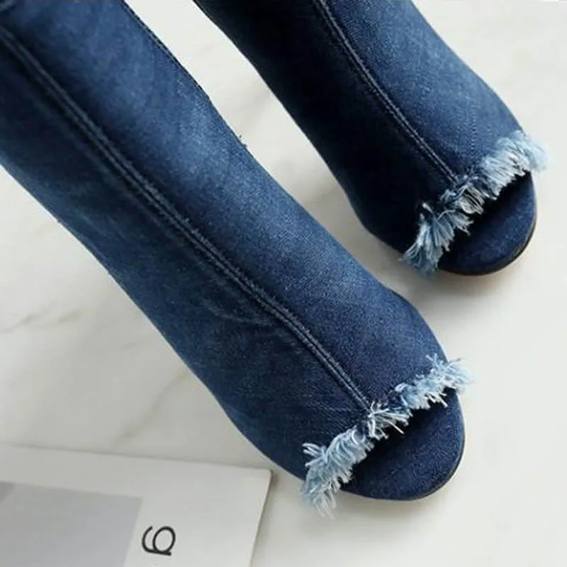Toe 43 Haute Cuisse Peep Sur Cm Trou Printemps Grande Hauts Genou D'été Femme Talons Taille Bottes Chaussures G70 10 Mode Le Denim Sexy Femmes UMpGLSzqV