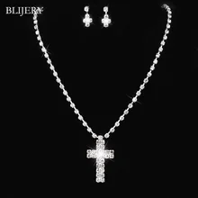 BLIJERY простой стиль подвеска в форме Креста ожерелье серьги набор серебряного цвета со стразами свадебные подружки невесты наборы ювелирных изделий