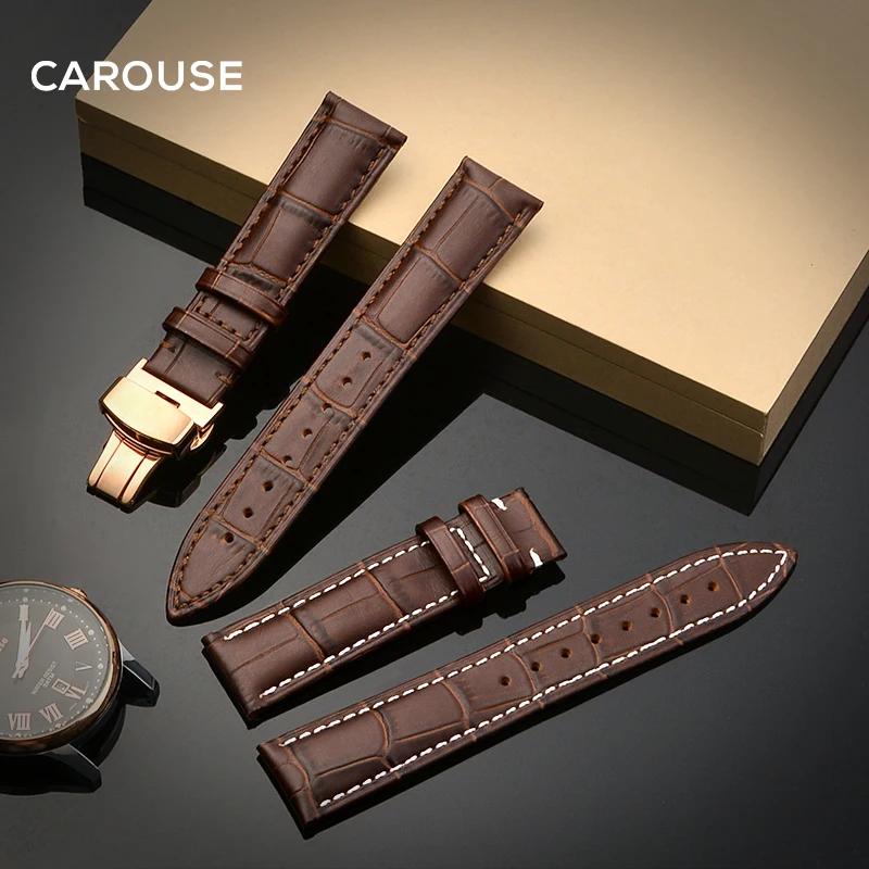 Baratos Correa de reloj Carouse 18mm 19mm 20mm 21mm 22mm 24mm correa de cuero de becerro mariposa hebilla Correa pulsera accesorios pulseras