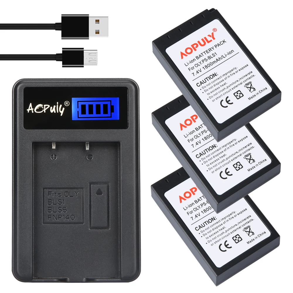 AOPULY 3 шт. PS-BLS1 PS BLS1 батарея + ЖК-Зарядное устройство USB для Olympus PEN E-PL1 E-PM1 EP3 EPL3 Evolt E-420