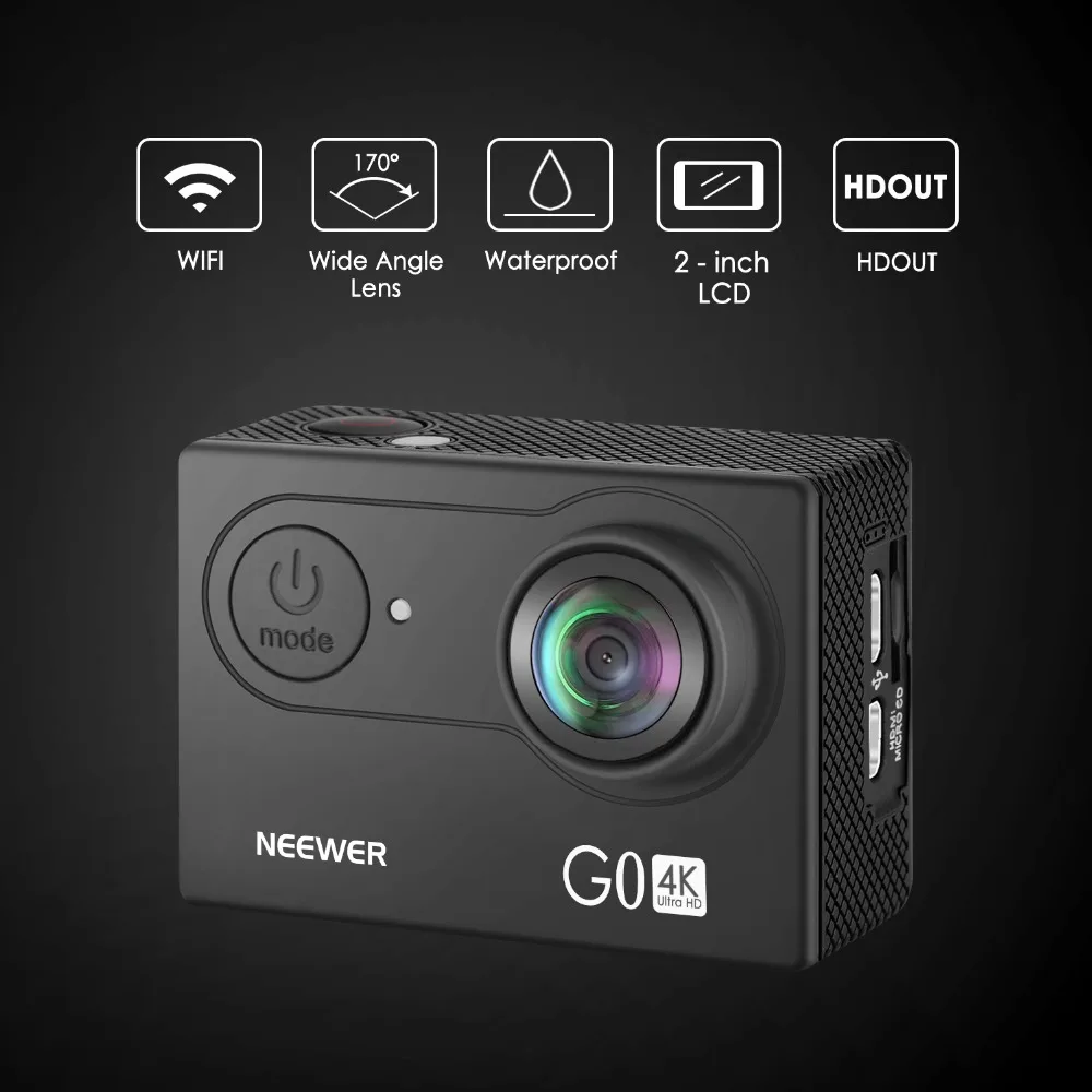 Neewer G0 HD 4K экшн Камера 12MP 98 футов под водой Водонепроницаемый Камера: 170 градусов Широкий формат Wi-Fi Спортивная камера с 2-дюймовым Экран