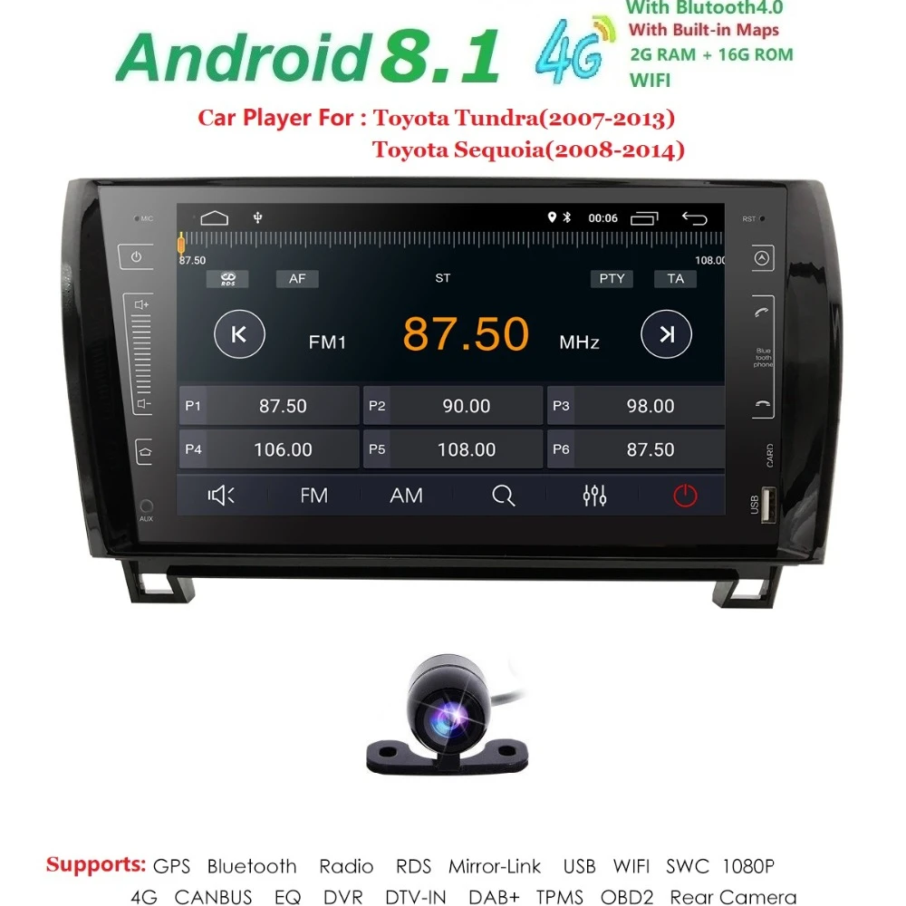 Top 9 Inch 2 Din HD 1024x600 QuadCore Android8.1 Car NODVD GPS For Toyota Tundra Sequoia 2008-2013 Stereo Radio 4G WiFi OBD DVR DAB+ 1