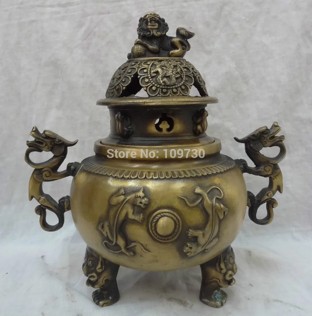 

002781 10" Tibet Bronze Dragon Unicorn Lion Ball Statue Buddhism Incense Burner Censer