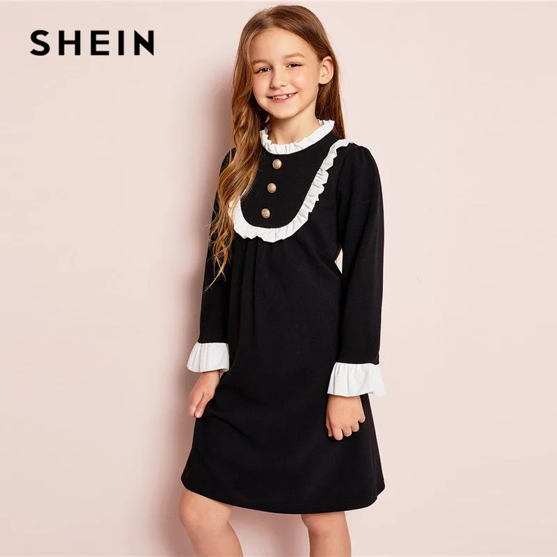 

SHEIN Girls Button Front Ruffle Yoke Bell Sleeve Midi Dress Spring Daughter Pleated Stand Collar Preppy Knee-Length Dresses