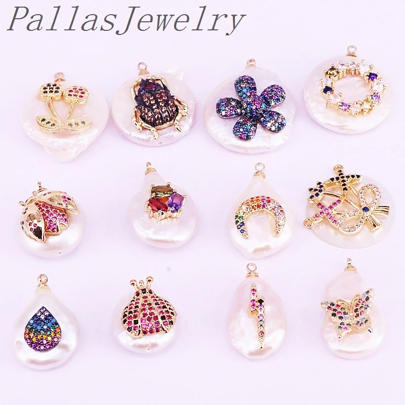 

10Pcs Irregular Natural Pearl pendant with rainbow cz micro pave charm gold color Pearl Pendant fashion DIY jewelry findings