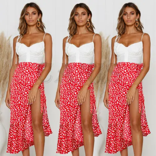 New Ladies Boho Floral Jersey Chiffon A-line One-piece Wrap Gypsy Ankle Long Maxi Split Full Summer Beach Women Sun Skirt