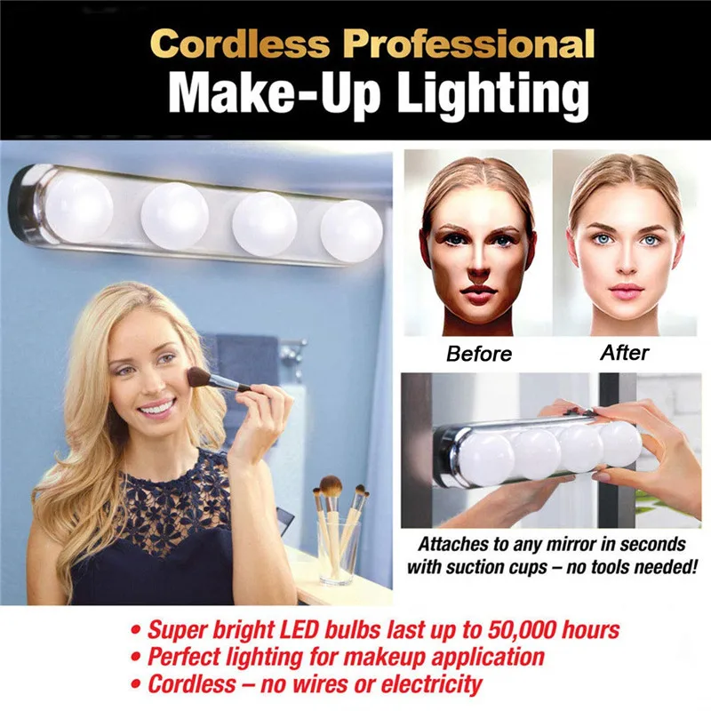  4 Bulbs LED Makeup Light Led Vanity Light Make up Vanity Lamp Kit Bathroom Mirror Wall Lamp Battery