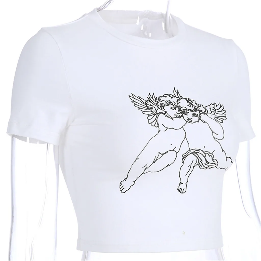 Модный женский сексуальный жилет с ангелом, повседневные рубашки-топики без рукавов, короткий рукав, спортивная одежда, укороченная женская одежда