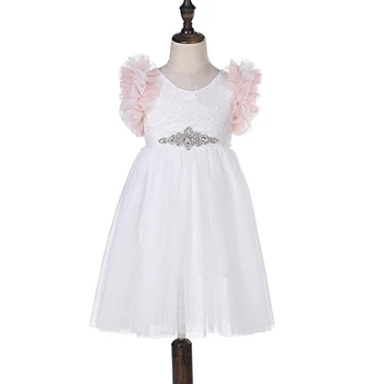 

2019 Girls Rulles Sleeves Dress Puffy Tulle Cute Girls Dress Fluffy Belt Princess Dress Party Show Dress