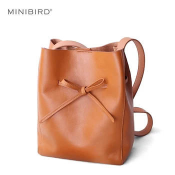 

Women Shoulder Bag Bucket Lady Cowhide Genuine Leather Handbag Female Simple Fashion Bow String Message Bag New Arrival 2018