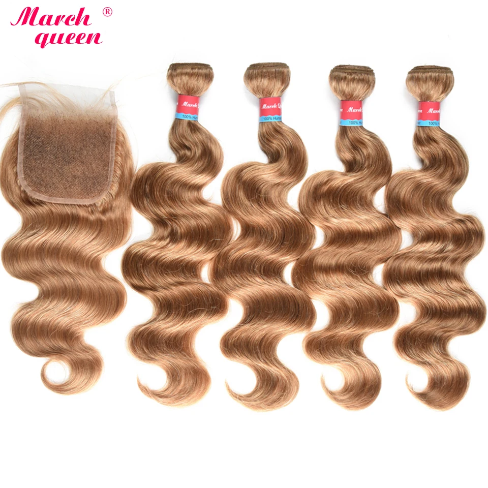 

March Queen Peruvian Bundles With Closure #27 Honey Blonde Body Wave 4 Bundles With Closure 100% Human Hair Weave Double Weft