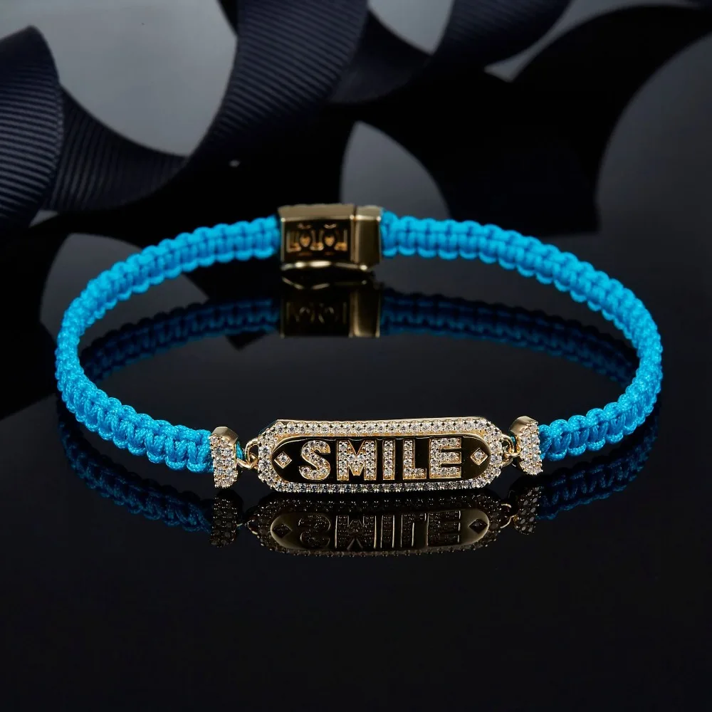 

New Blue Rope Weave 925 Sterling Silver SMILE DREAM Tag Charm Bracelet AAA Zircons Women Luxury Monaco Brand Summer Jewelry