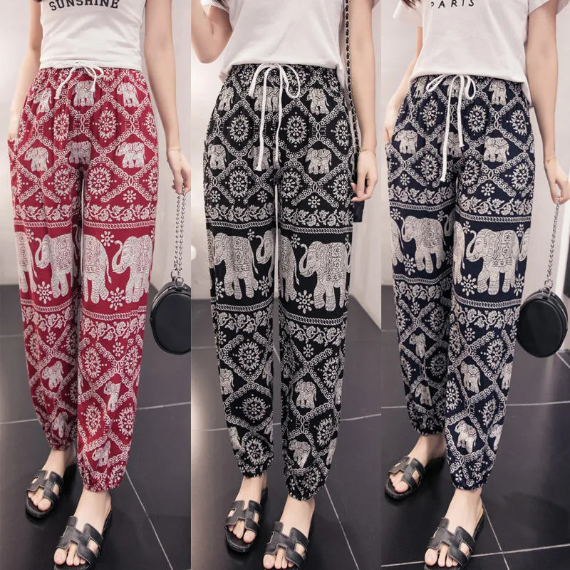 Плюс размер 3XL Boho хлопковые тайские штаны с изображением слона шаровары летние повседневные Boho пляжные праздничные брюки богемные женские брюки