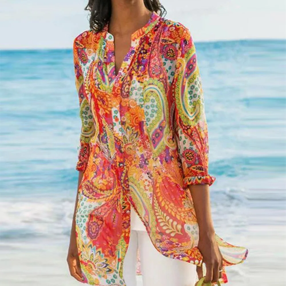 

2019 Summer Autumn Women Bohemian Tops Shirt V-neck Printed long Sleeves Fashion Plus Size Clothing For Women Long Top Girl