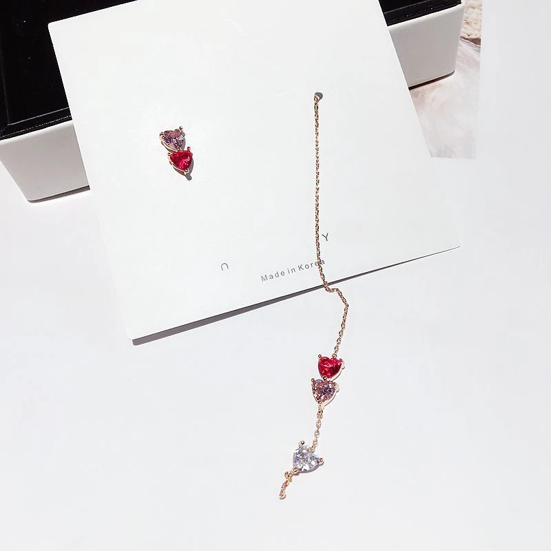 

Korean AB Style Heart Stud Earring Ear Line Rose Gold Color Red Pink Cubic Zircon Stone Earrings for Women