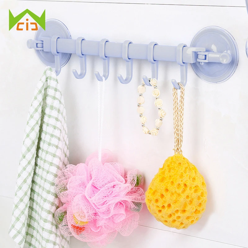 WCIC Vacuum Corner Shelf Suction Cup with 6 Hooks Rack Kitchen Bathroom