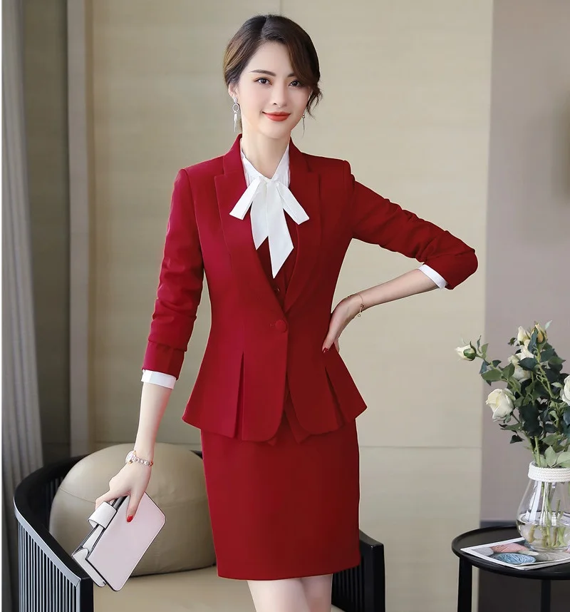Elegant Red Formal Women Business Suits Work Wear With Skirt And