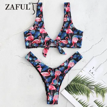 

ZAFUL Flamingo Bikini Swimwear Women High Cut Swimsuit Sexy Plunging Neck Padded Thong Bikini Front Knot Biquni Bathing Suit