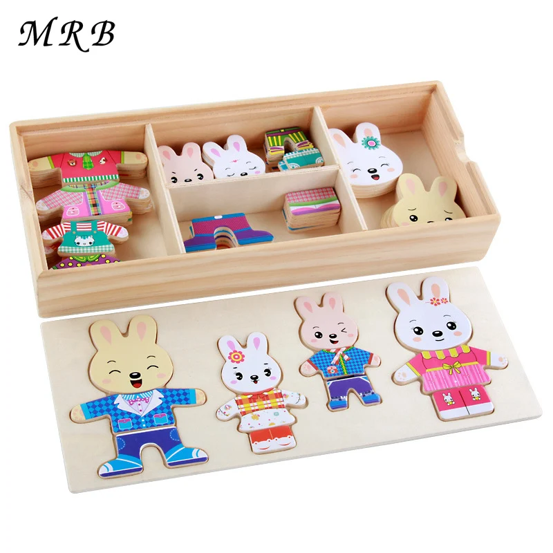 Wooden Toy Rabbit Change Clothes Puzzles Montessori Educational Dress Changing Jigsaw Puzzle toys for Children gift oyuncak
