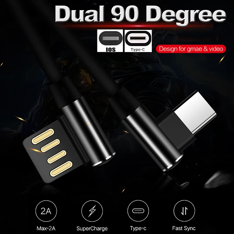 

0.3/1/2/3M 90 Degree Dual-Side-USB Game Cable 2A Fast Charger For Samsung S9 S8 For iPhone 8 7 For Oneplus 6 5 Type-c/IOS Cable