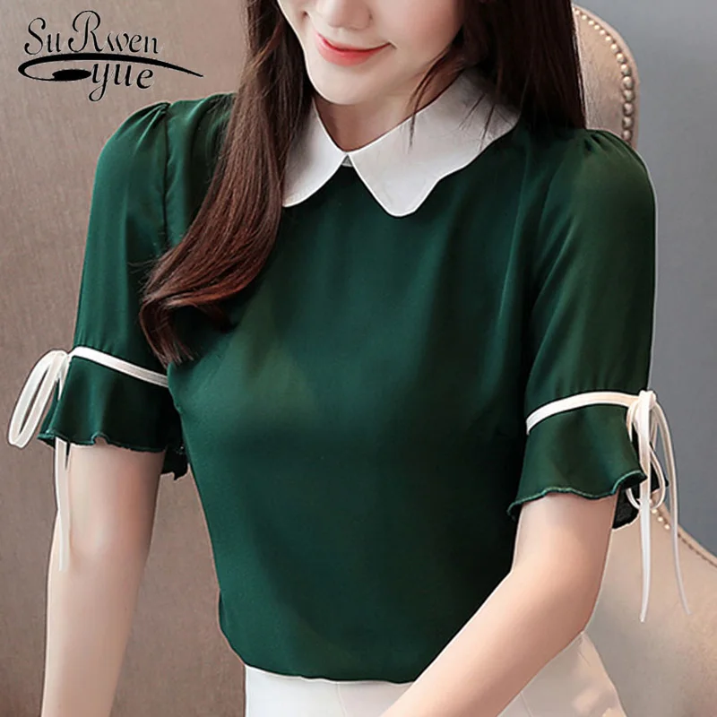 blouses woman 2019 short sleeve chiffon blouse women shirts summer women blouses sweet Doll collar solid blouse women 3463 50