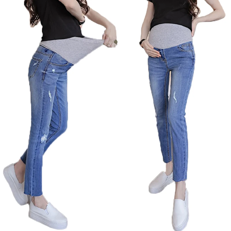 

Hole Jeans Pregnant Women Abdominal Support Pants Maternity Clothes Elastic Waist Denim Belly Pregnancy Trousers Loose Legging