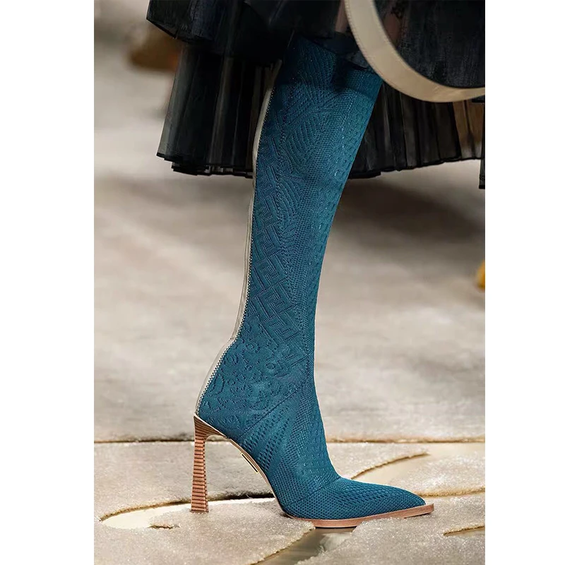 Королевский Belle/ г. эластичные вязаные сапоги на высоком каблуке с буквенным принтом пикантные сапоги для подиума с острым носком брендовые Дизайнерские Сапоги до колена из натуральной кожи - Цвет: blue green