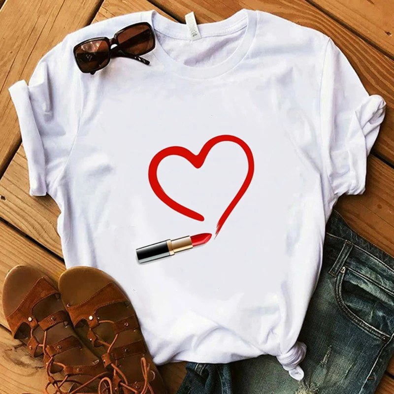 

Vogue T-Shirt 100% Cotton White Red Lipstick Heart T-Shirt Women Summer Super Soft Casual Lady Tops Hand Drawing Art Tees