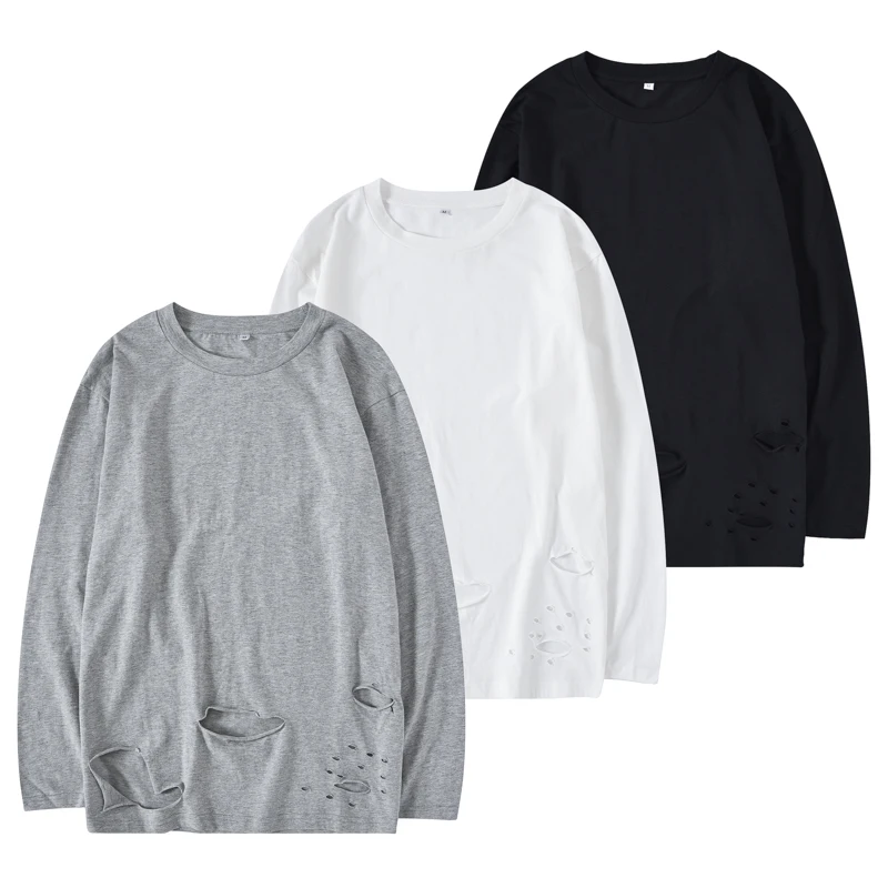 

QoolXCWear brand long sleeve T-shirt cotton men/women t shirts damage hole fashion long oversize shirts pure color t shirts