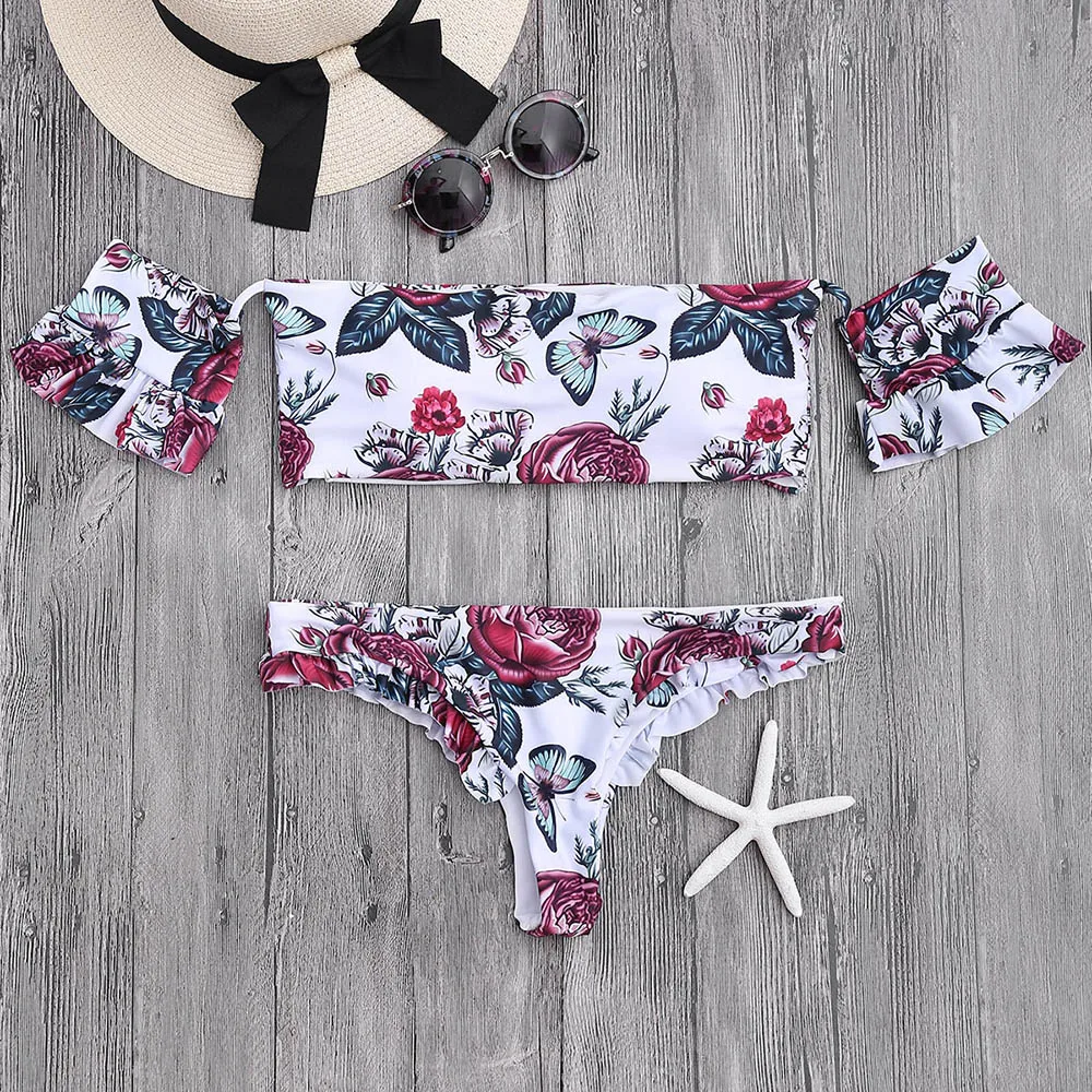 

ZAFUL 2019 New Bikinis Floral Off The Shoulder Bikini Set Sexy Low Waisted Wire Free Floral Brazilian Swimsuit Bathsuit Swimwear