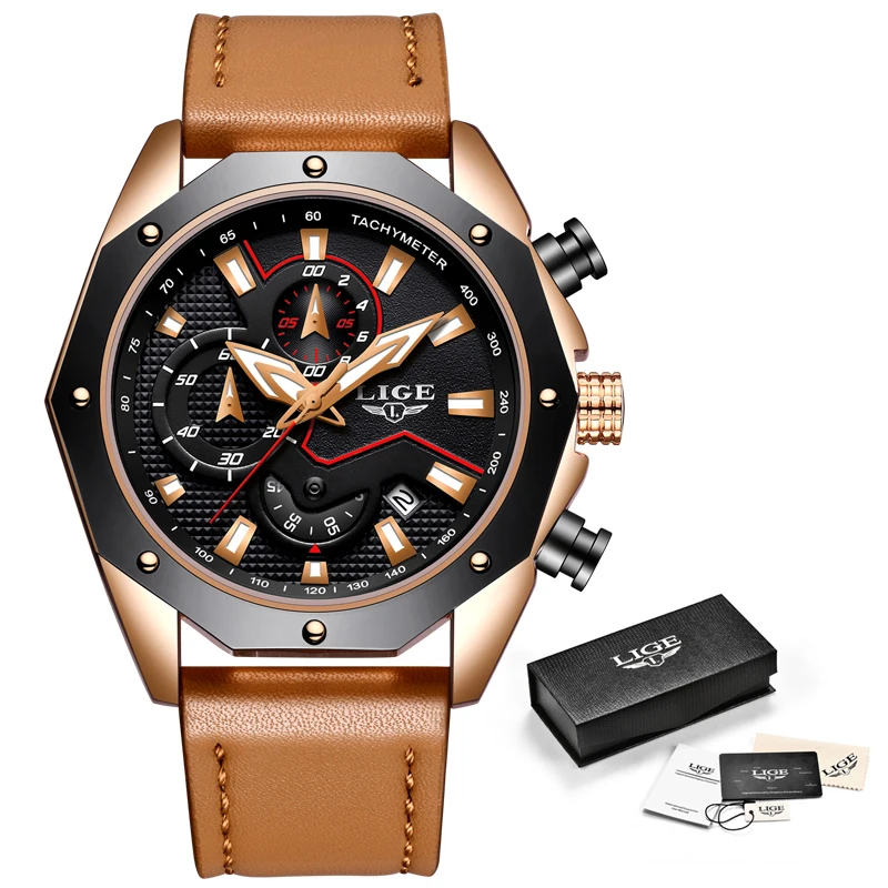 

LIGE Mens Watch Fashion Chronograph Business Leather Quartz Watch Men Military Waterproof Sport Watch Relojes Hombre