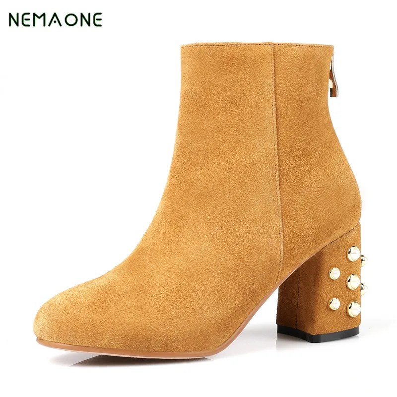 

NEMAONE 2017 Genuine Leather Strange Style High Heel Fringe Ankle Boots Fashion Round Toe Zipper Dress Boots