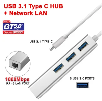 

50Set Type-C USB 3.1 Type C to USB 3.0 HUB 3 Port with RJ45 1000Mbps Gigabit Ethernet Adapter For Macbook Smartphone