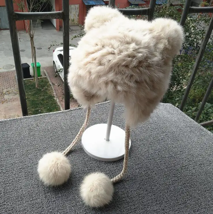 

Children's natural rabbit fur knitted Hats kids winter thicken warm fashion lovely bear ear rabbit fur Skullies & Beanies TB374