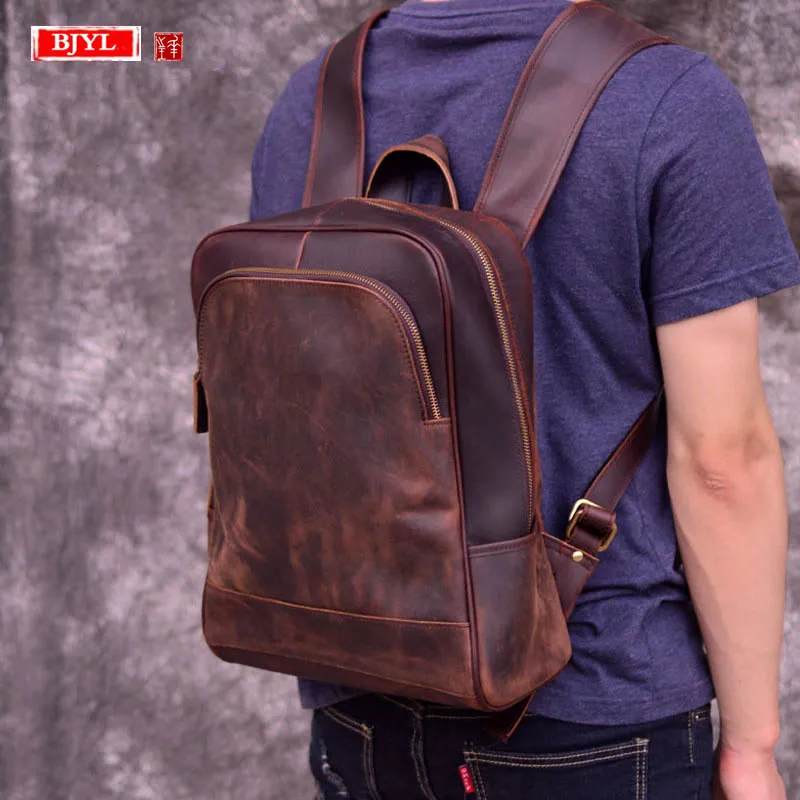 

2019 Retro crazy horse leather Men's backpack genuine leather computer shoulder bag travel backpack Men 15 inch laptop backpacks