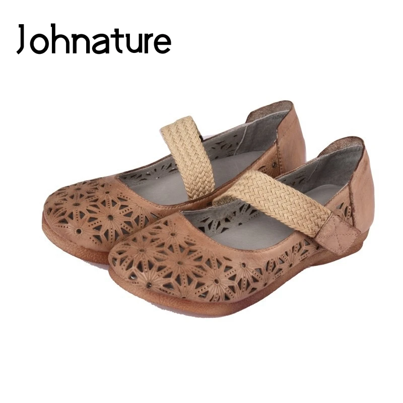 

Johnature 2020 New Handmade Genuine Leather Retro Solid Hook & Loop Casual Shallow Hollow Cover Heel Sandals Women Shoes