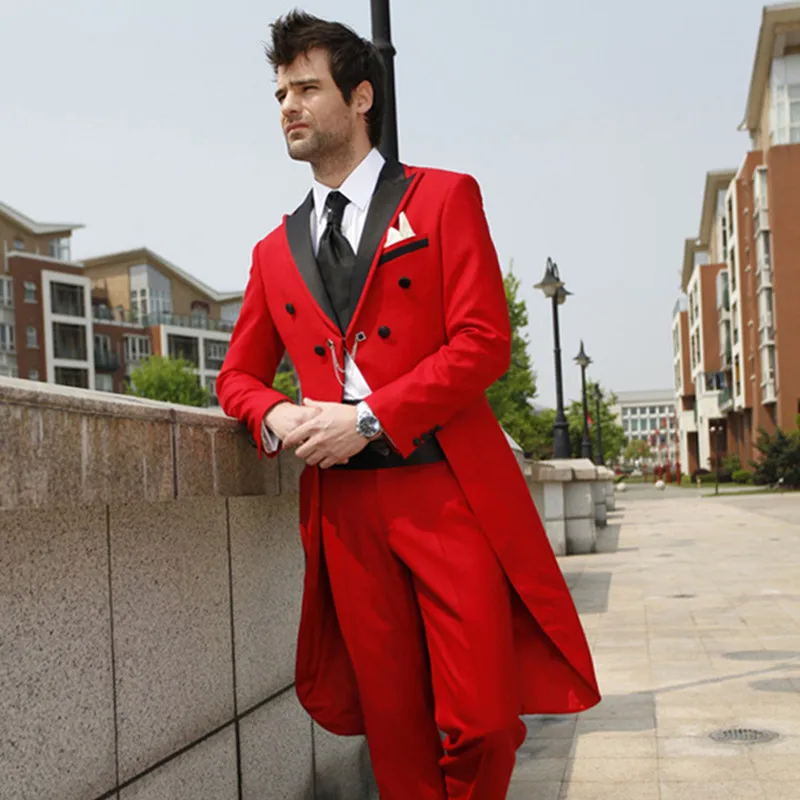 

2017 Red Tailcoat Men Suit With Pants Casual Prom Wedding Tuxedo Groom Suit Groomsmen 2 Pieces Blazers New Design (Jacket+Pants)