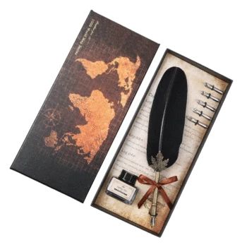 

HOT !!! Beautiful Colorful vintage turkey feather Pen set dip ink calligraphy pen stationery gift brown Metal Fountain Pen sets