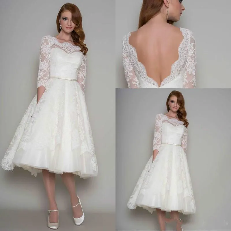 Short Ivory Wedding Dresses Open Back 3 4 Sleeves Tea Length