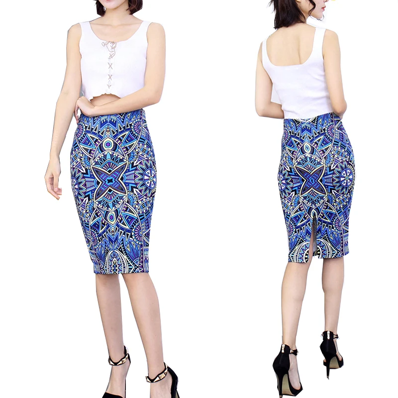 New Style Lady Skirt Long Floral Printed Boho Skirts Womens Elegant Casual High Waist Knee Length Work Short Skirt Plus Size 2XL Skirts