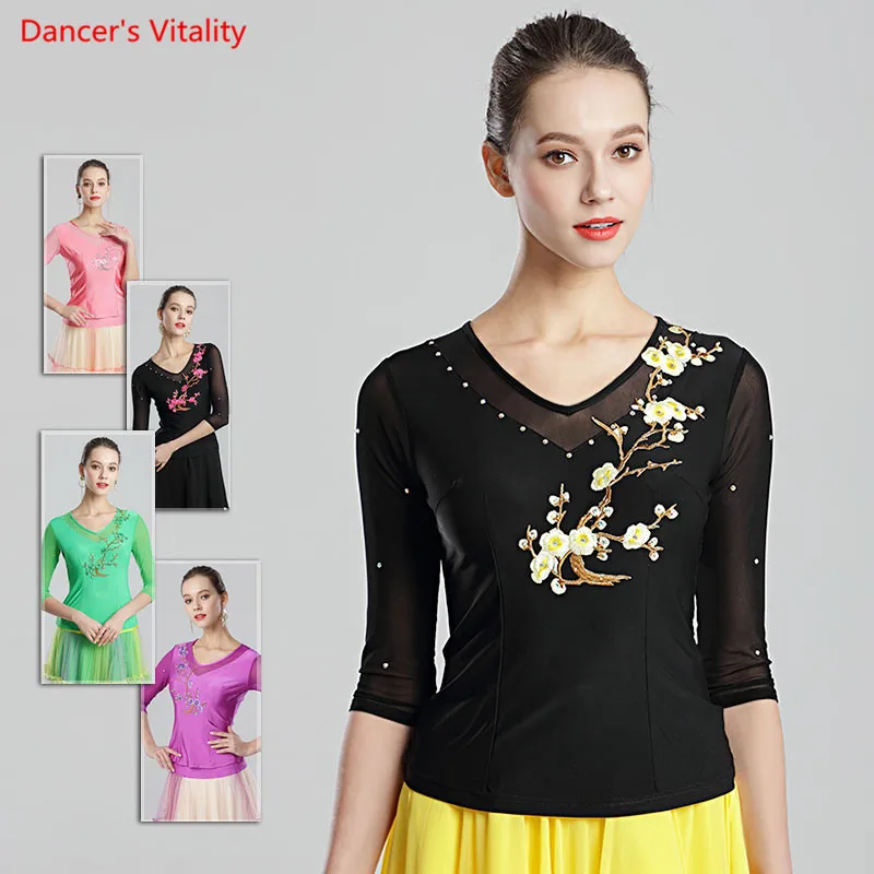 Ballroom Dance Tops Elastic Ice Silk V neck Dance Clothing Women Lady Waltz Latin Dancing