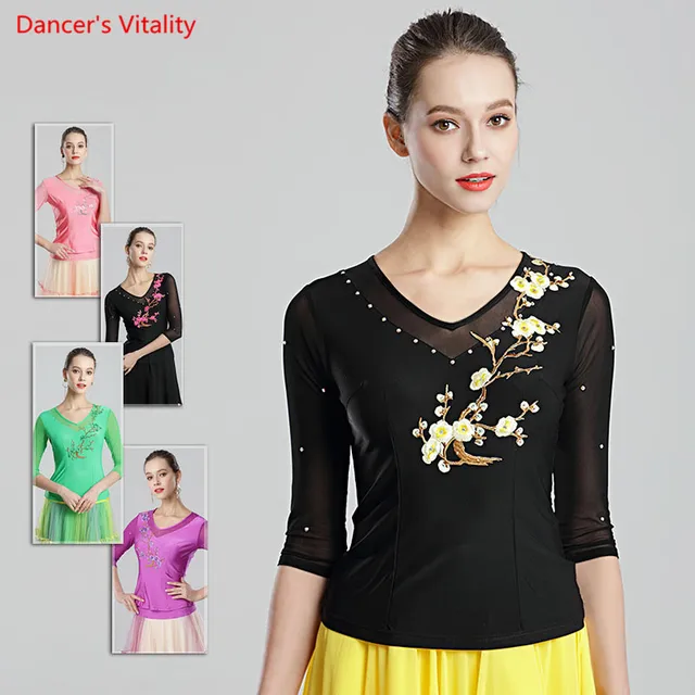 Buy Ballroom Dance Tops Elastic Ice Silk V neck Dance